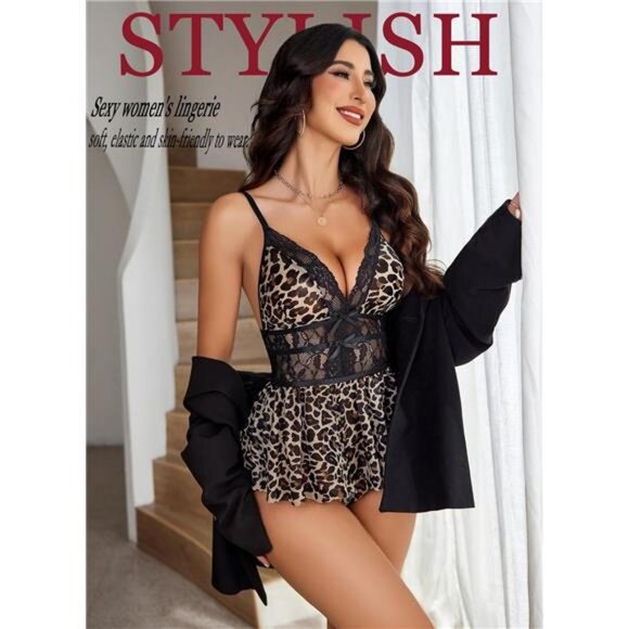 Women One Piece Teddy Lace Bodysuit Sexy Leopard - Picture 2 of 5